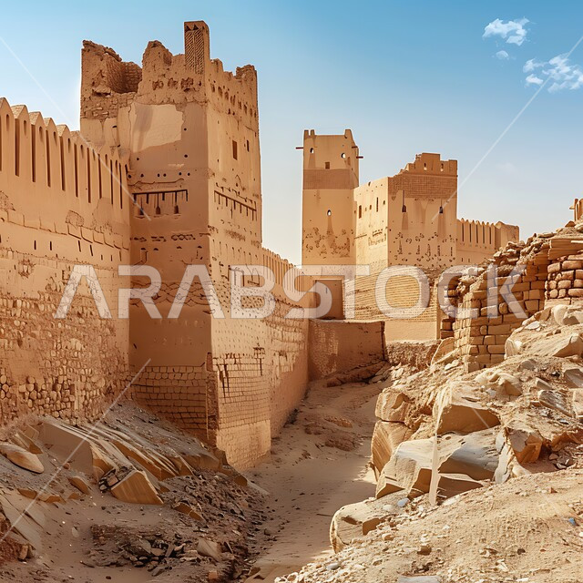Ancient architectural style of ancient castles, famous tourist attractions in Saudi Arabia, attracting tourists from all over the world, heritage castles built of stones, view of the sky filled with white clouds