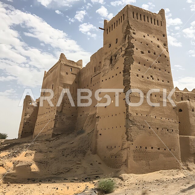 Ancient architectural style of ancient castles, famous tourist attractions in Saudi Arabia, attracting tourists from all over the world, heritage castles built of stones, view of the sky filled with white clouds