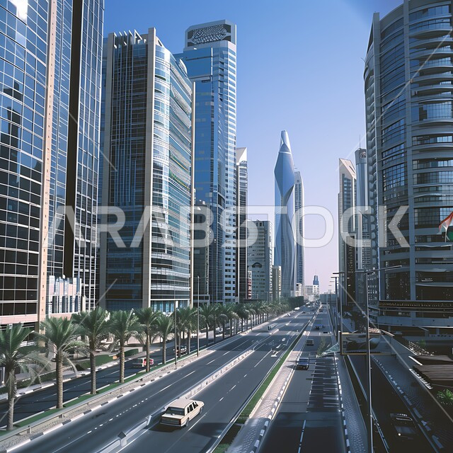 التصاميم و الفنون الهندسية المعمارية الحديثة لناطحات السحاب في المملكة العربية السعودية، الأبراج والمباني والمنشآت التجارية الشاهقة وقت النهار،  منظر تخيلي مستقبلي للتقدم و النمو العمراني, رؤية مستقبلية سعودية 2030، مفهوم التطور الهندسي المعماري في مدينة الرياض