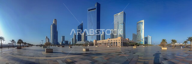 التصاميم و الفنون الهندسية المعمارية الحديثة لناطحات السحاب في المملكة العربية السعودية، الأبراج والمباني والمنشآت التجارية الشاهقة وقت النهار،  منظر تخيلي مستقبلي للتقدم و النمو العمراني, رؤية مستقبلية سعودية 2030، مفهوم التطور الهندسي المعماري في مدينة الرياض