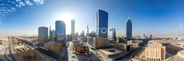 التصاميم و الفنون الهندسية المعمارية الحديثة لناطحات السحاب في المملكة العربية السعودية، الأبراج والمباني والمنشآت التجارية الشاهقة وقت النهار،  منظر تخيلي مستقبلي للتقدم و النمو العمراني, رؤية مستقبلية سعودية 2030، مفهوم التطور الهندسي المعماري في مدينة الرياض