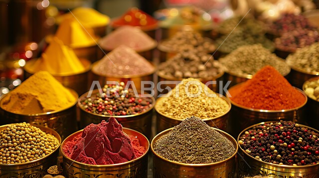 الاسواق التقليدية الشعبية لبيع البهارات والعطريات،  عرض التوابل الملونة والمتنوعة في الاواني النحاسية المزخرفة، منكهات وملونات طبيعية للمأكولات والأطعمة، نباتات ذات فوائد صحية وعلاجية، محاصيل زراعية ومنتجات وطنية محلية سعودية