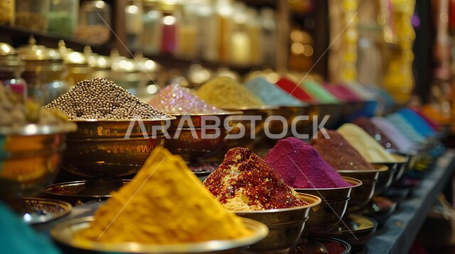 الاسواق التقليدية الشعبية لبيع البهارات والعطريات،  عرض التوابل الملونة والمتنوعة في الاواني النحاسية المزخرفة، منكهات وملونات طبيعية للمأكولات والأطعمة، نباتات ذات فوائد صحية وعلاجية، محاصيل زراعية ومنتجات وطنية محلية سعودية