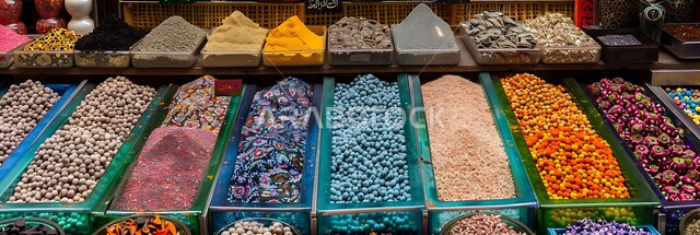 الاسواق التقليدية الشعبية لبيع البهارات والعطريات، رفوف لعرض التوابل الملونة والمتنوعة، منكهات وملونات طبيعية للمأكولات والأطعمة، نباتات ذات فوائد صحية وعلاجية، منتجات ومحاصيل زراعية وطنية محلية سعودية