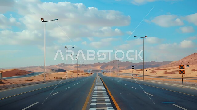 الحركة المرورية للسيارات في طريق صحراوي في المملكة، الطريق السريع الواصل بين الرياض والقصيم، طرق وشوارع اسفلتية في المناطق الصحراوية الطبيعة في السعودية، القمم والمرتفعات الجبلية 