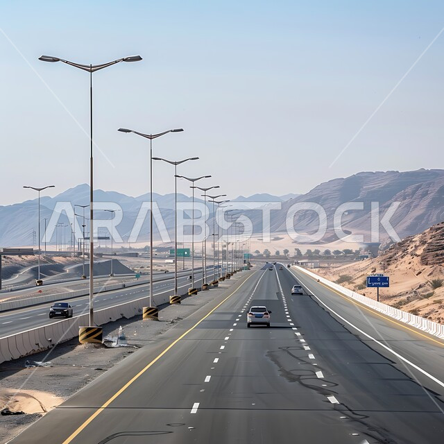 الحركة المرورية للسيارات في طريق صحراوي في المملكة، الطريق السريع الواصل بين الرياض والقصيم، طرق وشوارع اسفلتية في المناطق الصحراوية الطبيعة في السعودية، القمم والمرتفعات الجبلية 
