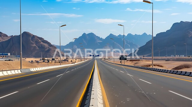 الحركة المرورية للسيارات في طريق صحراوي في المملكة، الطريق السريع الواصل بين الرياض والقصيم، طرق وشوارع اسفلتية في المناطق الصحراوية الطبيعة في السعودية، القمم والمرتفعات الجبلية 