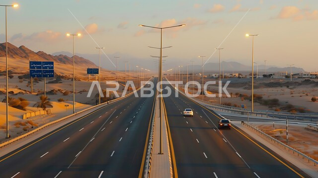 الحركة المرورية للسيارات في طريق صحراوي في المملكة، الطريق السريع الواصل بين الرياض والقصيم، طرق وشوارع اسفلتية في المناطق الصحراوية الطبيعة في السعودية، القمم والمرتفعات الجبلية 