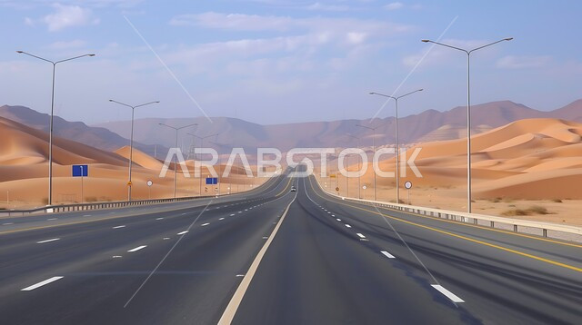 الحركة المرورية للسيارات في طريق صحراوي في المملكة، الطريق السريع الواصل بين الرياض والقصيم، طرق وشوارع اسفلتية في المناطق الصحراوية الطبيعة في السعودية، القمم والمرتفعات الجبلية 