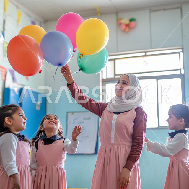 دمج المرح مع العملية التعليمية, التعليم المتطور في مدارس المملكة العربية السعودية, معلمة عربية خليجية سعودية محجبة  تلهو بالبالونات الملونة مع التلميذات بالزي المدرسي, الاحتفال بالأعياد والمناسبات الرسمية, خلق جو من الألفة والمحبة بين المدرسة والطالبات