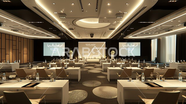 غرف مكتبية بتصاميم وديكورات داخلية فخمة، التصميم العصري الحديث للمكاتب في الشركات السعودية، قاعة اجتماعات واسعة مع طاولة محاطة بكراسي