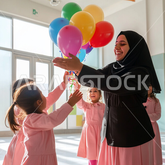 Integrating fun with the educational process, advanced education in the schools of the Kingdom of Saudi Arabia, a veiled Saudi Arabian Gulf Arab teacher playing with colorful balloons with female students in school uniform, celebrating holidays and official occasions, creating an atmosphere of intimacy and love between the school and the students