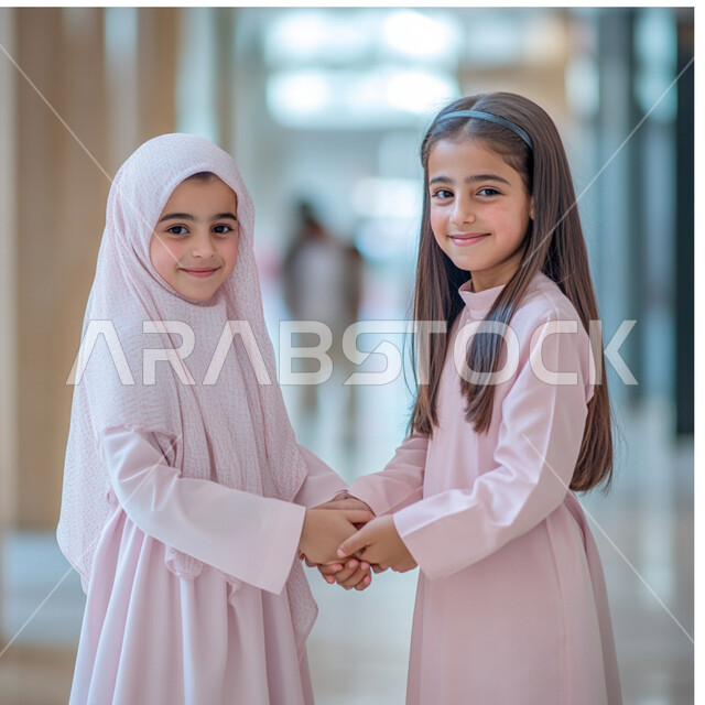 مفهوم المحبة والصداقة القوية، طالبتان عربيتان خليجيتان سعوديتان ترتديان الزي الرسمي المدرسي تقفان في ممر المدرسة وتصافحان بعضهما البعض، النظر للكاميرا بإيماءات السعادة والسرور، خلق جو من الألفة بين التلاميذ، المصافحة والاتفاق على شيء ما