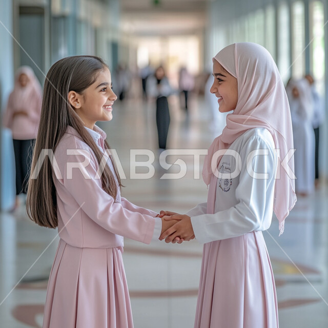 مفهوم المحبة والصداقة القوية، طالبتان عربيتان خليجيتان سعوديتان ترتديان الزي الرسمي المدرسي تقفان في ممر المدرسة وتصافحان بعضهما البعض، إيماءات السعادة والسرور وخلق جو من الألفة بين التلاميذ، المصافحة والاتفاق على شيء ما