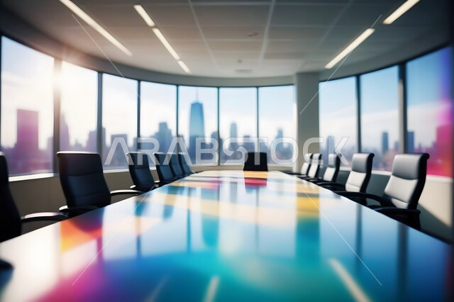 غرفة اجتماعات واسعة مع طاولة محاطة بكراسي، التصميم العصري الحديث للمكاتب في الشركات السعودية، غرف مكتبية بتصاميم وديكورات داخلية فخمة، النوافذ والواجهات الزجاجية المطلة على المدينة