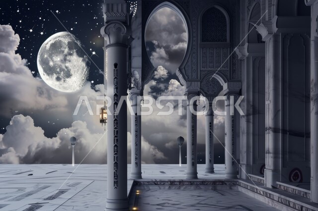 مئذنة مسجد تحت سماء مرصعة بالنجوم، الديكورات العصرية على الطراز الحديث لبناء المساجد, أجواء روحانية إسلامية, المعالم الإسلامية المقدسة، مقصد المسلمين لأداء الصلوات، العبادة والتقرب الى الله تعالى, خلفية سوداء صورة توضيحية لمسجد إسلامي عصري