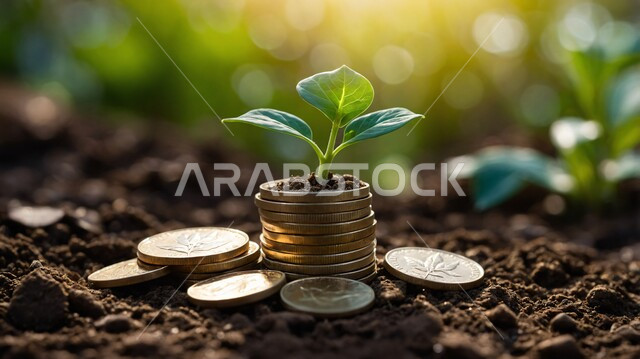 A pile of coins growing with a green seedling, the concept of economic growth and financial profits, investment and returns, economic renaissance in Saudi society, the prosperity of the local national economy