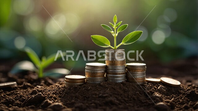 كومة من العملات المعدنية تنمو مع شتلة خضراء، مفهوم النمو الاقتصادي والأرباح المالية، الاستثمار والفوائد العائدة، النهضة الاقتصادية في المجتمع السعودي، ازدهار الاقتصاد الوطني المحلي