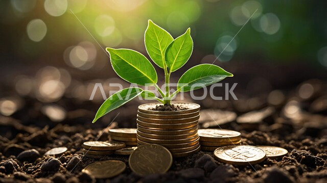 كومة من العملات المعدنية تنمو مع شتلة خضراء، مفهوم النمو الاقتصادي والأرباح المالية، الاستثمار والفوائد العائدة، النهضة الاقتصادية في المجتمع السعودي، ازدهار الاقتصاد الوطني المحلي