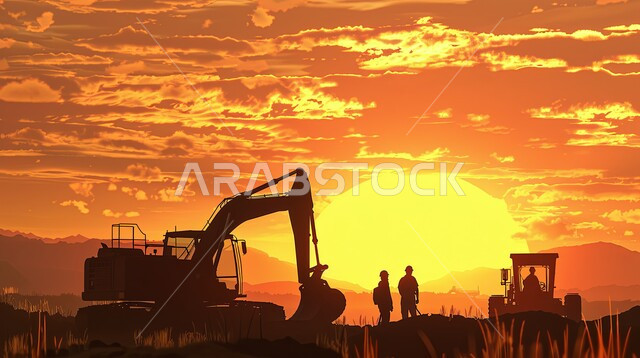 Engineering, construction and development concept, bulldozer lifting and filling rubble at sunset, silhouette of Saudi Arabian Gulf engineers supervising a work site, Saudi industrial engineering jobs and professions, heavy machinery and equipment, Saluit