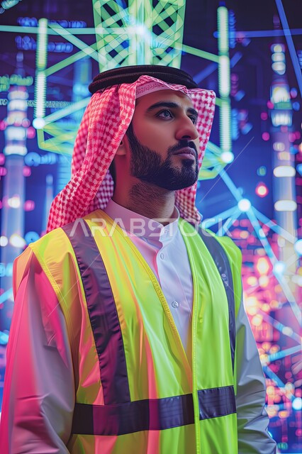 Saudi Arabia's development and progress in the field of engineering and construction by the sons of the nation, following up on engineering works, a close-up of a smiling Saudi Gulf Arab engineer wearing a traditional shemagh and thobe standing at the work site looking at something with gestures of self-confidence