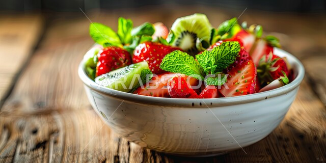 الاهتمام بالزراعة المحلية والاكتفاء الذاتي ,المنتجات والمحاصيل الزراعية الوطنية السعودية ,مأكولات صحية ومفيدة، صورة مقربة لطبق من سلطة فواكه طازجة بالفراولة والكيوي والنعناع