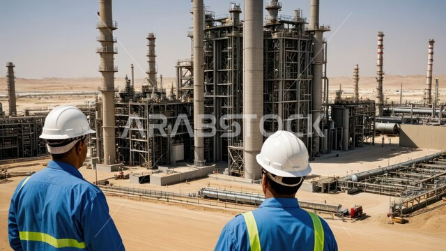 منشأة صناعية كبيرة مع أبراج طويلة وأنابيب في منطقة صحراوية, مفهوم الهندسة الإنشائية والمعمارية, أعمال البناء وصب الخرسانات ووضع الأساسات, صورة من الخلف لمهندسان عربيان خليجيان سعوديان يرتدان سترة و خوذة الحماية يقفان امام المبنى