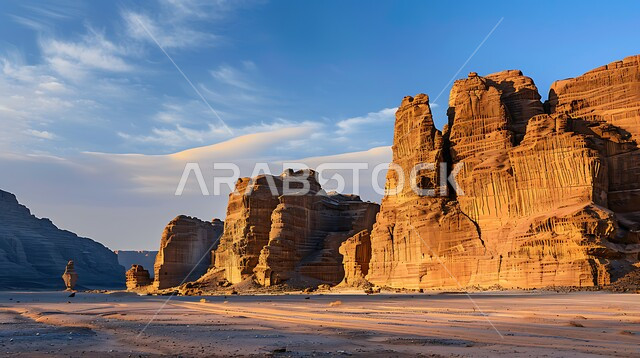 أماكن اثرية تاريخية قديمة، معالم سياحية مشهورة, المناظر الطبيعية في المناطق الصحراوية في المملكة العربيه السعودية، القمم والمرتفعات الصخرية وسط البيئة الرمليه، التكوينات والتشكيلات من الصخور الحجرية في صحراء محافظة العلا، خلفية السماء المليئة بالغيوم 