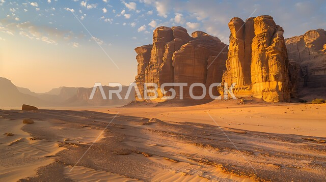 أماكن اثرية تاريخية قديمة، معالم سياحية مشهورة, المناظر الطبيعية في المناطق الصحراوية في المملكة العربيه السعودية، القمم والمرتفعات الصخرية وسط البيئة الرمليه، التكوينات والتشكيلات من الصخور الحجرية في صحراء محافظة العلا، خلفية السماء المليئة بالغيوم مع غروب الشمس