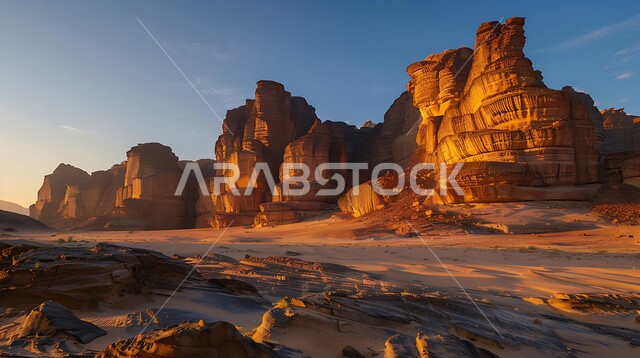 أماكن اثرية تاريخية قديمة، معالم سياحية مشهورة, المناظر الطبيعية في المناطق الصحراوية في المملكة العربيه السعودية، القمم والمرتفعات الصخرية وسط البيئة الرمليه، التكوينات والتشكيلات من الصخور الحجرية في صحراء محافظة العلا، خلفية السماء مع غروب الشمس