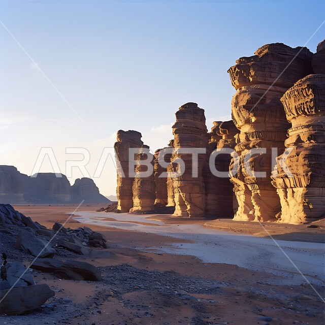 التكوينات والتشكيلات من الصخور الحجرية في صحراء محافظة العلا، المناظر الطبيعية في المناطق الصحراوية في المملكة العربيه السعودية، أماكن اثرية تاريخية قديمة، معالم سياحية مشهورة, القمم والمرتفعات الصخرية وسط البيئة الرمليه