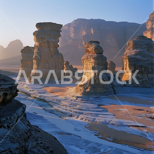 التكوينات والتشكيلات من الصخور الحجرية في صحراء محافظة العلا، المناظر الطبيعية في المناطق الصحراوية في المملكة العربيه السعودية، أماكن اثرية تاريخية قديمة، معالم سياحية مشهورة, القمم والمرتفعات الصخرية وسط البيئة الرمليه