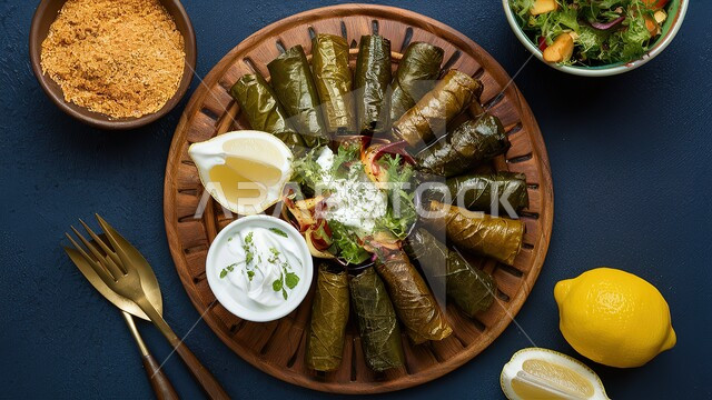 اطباق المقبلات وفاتحات الشهية الباردة، صورة مقربة لطبق من محشي ورق العنب مع سلطة الزبادي والليمون الطازج، مطاعم ومطابخ المملكة العربية السعودية، المأكولات والوجبات العربية الشرقية