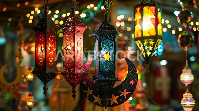 البهجة بقدوم رمضان المبارك, ديكورات وزينة الاحتفالات بالمناسبات و الأعياد الدينية الإسلامية, مجموعه من الفوانيس العربيه المعدنية المزخرفه على قاعدة خشبية,  مصابيح عربية تقليدية, الأجواء الروحانية في الأيام الفضيلة, الاستعداد لاستقبال الشهر الفضيل
