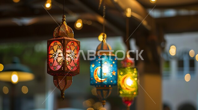 البهجة بقدوم رمضان المبارك, ديكورات وزينة الاحتفالات بالمناسبات و الأعياد الدينية الإسلامية, مجموعه من الفوانيس العربيه المعدنية المزخرفه على قاعدة خشبية,  مصابيح عربية تقليدية, الأجواء الروحانية في الأيام الفضيلة, الاستعداد لاستقبال الشهر الفضيل