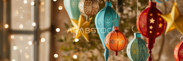 ديكورات وزينة الاحتفالات بالمناسبات و الأعياد الدينية الإسلامية, مجموعه من الفوانيس العربيه المعدنية المزخرفه على قاعدة خشبية, البهجة بقدوم رمضان المبارك, مصابيح عربية تقليدية, الأجواء الروحانية في الأيام الفضيلة, الاستعداد لاستقبال الشهر الفضيل