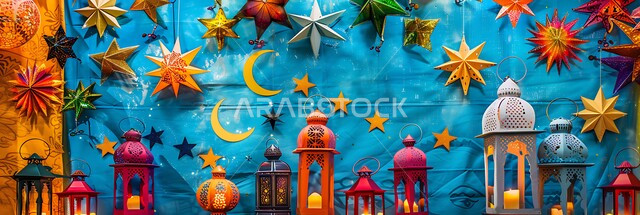 ديكورات وزينة الاحتفالات بالمناسبات و الأعياد الدينية الإسلامية, مجموعه من الفوانيس العربيه المعدنية المزخرفه على قاعدة خشبية, البهجة بقدوم رمضان المبارك, مصابيح عربية تقليدية, الأجواء الروحانية في الأيام الفضيلة, الاستعداد لاستقبال الشهر الفضيل