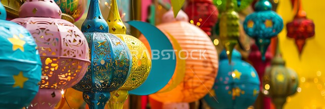 ديكورات وزينة الاحتفالات بالمناسبات و الأعياد الدينية الإسلامية, مجموعه من الفوانيس العربيه المعدنية المزخرفه على قاعدة خشبية, البهجة بقدوم رمضان المبارك, مصابيح عربية تقليدية, الأجواء الروحانية في الأيام الفضيلة, الاستعداد لاستقبال الشهر الفضيل