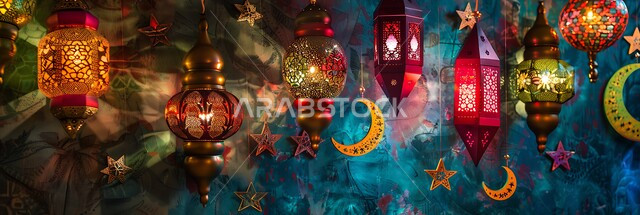ديكورات وزينة الاحتفالات بالمناسبات و الأعياد الدينية الإسلامية, مجموعه من الفوانيس العربيه المعدنية المزخرفه على قاعدة خشبية, البهجة بقدوم رمضان المبارك, مصابيح عربية تقليدية, الأجواء الروحانية في الأيام الفضيلة, الاستعداد لاستقبال الشهر الفضيل