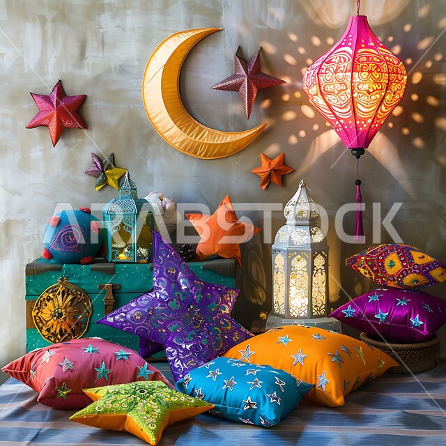 ديكورات وزينة الاحتفالات بالمناسبات و الأعياد الدينية الإسلامية, مجموعه من الفوانيس العربيه المعدنية المزخرفه على قاعدة خشبية, البهجة بقدوم رمضان المبارك, مصابيح عربية تقليدية, الأجواء الروحانية في الأيام الفضيلة, الاستعداد لاستقبال الشهر الفضيل