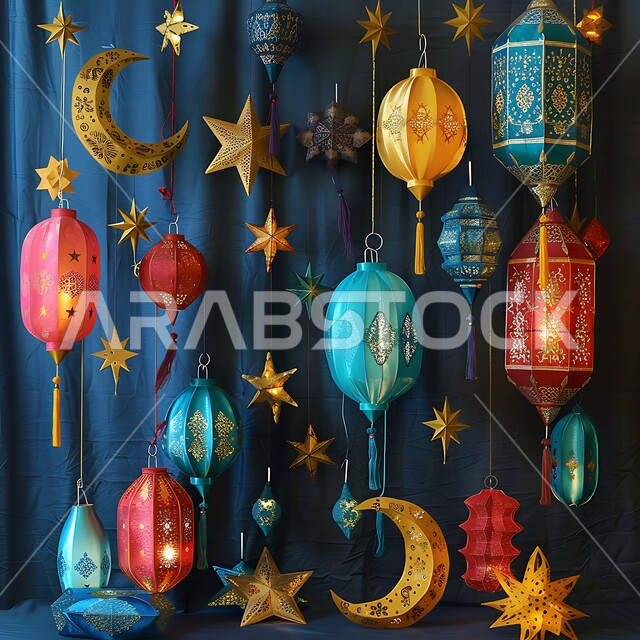 مجموعه من الفوانيس العربيه المعدنية المزخرفه على قاعدة خشبية, ديكورات وزينة الاحتفالات بالمناسبات و الأعياد الدينية الإسلامية, البهجة بقدوم رمضان المبارك, مصابيح عربية تقليدية, الأجواء الروحانية في الأيام الفضيلة, الاستعداد لاستقبال الشهر الفضيل