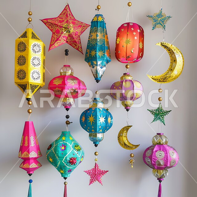 مجموعه من الفوانيس العربيه المعدنية المزخرفه على قاعدة خشبية, ديكورات وزينة الاحتفالات بالمناسبات و الأعياد الدينية الإسلامية, البهجة بقدوم رمضان المبارك, مصابيح عربية تقليدية, الأجواء الروحانية في الأيام الفضيلة, الاستعداد لاستقبال الشهر الفضيل