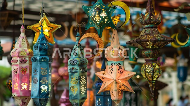 A set of decorative metal Arabic lanterns on a wooden base, decorations and ornaments for celebrations of Islamic religious occasions and holidays, the joy of the coming of the blessed Ramadan, traditional Arabic lamps, the spiritual atmosphere in the virtuous days, preparing to receive the silver month