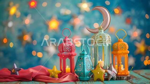 مجموعه من الفوانيس العربيه المعدنية المزخرفه على قاعدة خشبية, ديكورات وزينة الاحتفالات بالمناسبات و الأعياد الدينية الإسلامية, البهجة بقدوم رمضان المبارك, مصابيح عربية تقليدية, الأجواء الروحانية في الأيام الفضيلة, الاستعداد لاستقبال الشهر الفضيل