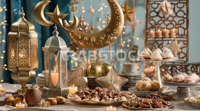  ديكورات متميزة في الأعياد الإسلامية في السعودية، مفهوم الكرم والضيافة في المجتمع العربي السعودي، مائدة مليئة بالمأكولات المتنوعة، صورة بانورامية لطاولة مزينة بالفوانيس المعدنية التقليدية، تقديم أشهى الحلويات في المناسبات، حسن استقبال الضيوف والزوار