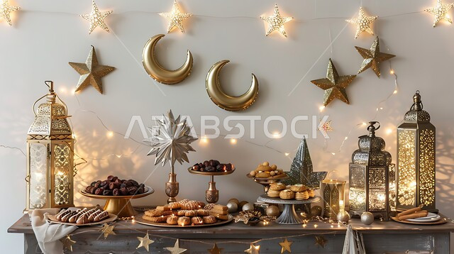 مائدة مليئة بالمأكولات المتنوعة، طاولة مزينة بالفوانيس المعدنية التقليدية، تقديم أشهى الحلويات في المناسبات ،مفهوم الكرم والضيافة في المجتمع العربي السعودي، حسن استقبال الضيوف والزوار، ديكورات متميزة في الأعياد الإسلامية في السعودية