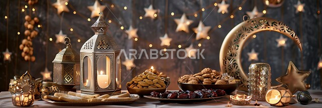 مائدة مليئة بالمأكولات المتنوعة، صورة بانورامية لطاولة مزينة بالفوانيس المعدنية التقليدية، تقديم أشهى الحلويات في المناسبات ،مفهوم الكرم والضيافة في المجتمع العربي السعودي، حسن استقبال الضيوف والزوار، ديكورات متميزة في الأعياد الإسلامية في السعودية