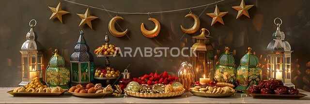 مائدة مليئة بالمأكولات المتنوعة، صورة بانورامية لطاولة مزينة بالفوانيس المعدنية التقليدية، تقديم أشهى الحلويات في المناسبات ،مفهوم الكرم والضيافة في المجتمع العربي السعودي، حسن استقبال الضيوف والزوار، ديكورات متميزة في الأعياد الإسلامية في السعودية