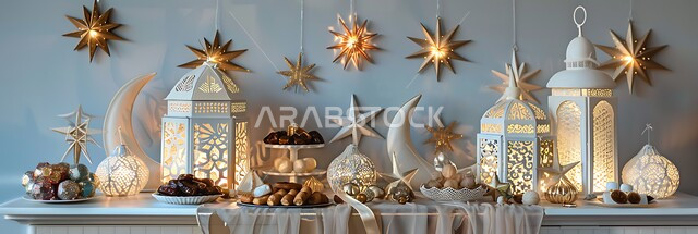 مائدة مليئة بالمأكولات المتنوعة، صورة بانورامية لطاولة مزينة بالفوانيس المعدنية التقليدية، تقديم أشهى الحلويات في المناسبات ،مفهوم الكرم والضيافة في المجتمع العربي السعودي، حسن استقبال الضيوف والزوار، ديكورات متميزة في الأعياد الإسلامية في السعودية