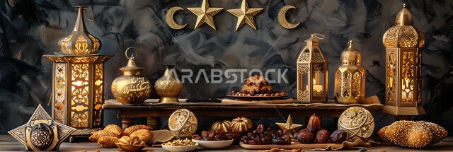 مائدة مليئة بالمأكولات المتنوعة، صورة بانورامية لطاولة مزينة بالفوانيس المعدنية التقليدية، تقديم أشهى الحلويات في المناسبات ،مفهوم الكرم والضيافة في المجتمع العربي السعودي، حسن استقبال الضيوف والزوار، ديكورات متميزة في الأعياد الإسلامية في السعودية